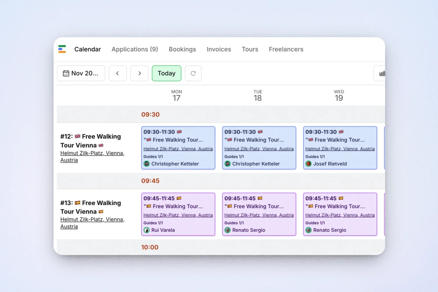 EasyPlanning calendar showing scheduled walking tours and assigned guides