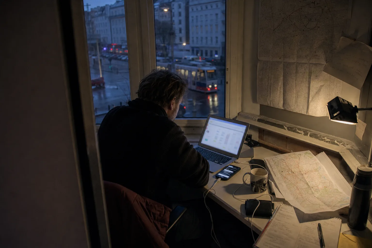Tour operator working late beside a rainy Vienna street with scheduling software and an AI assistant