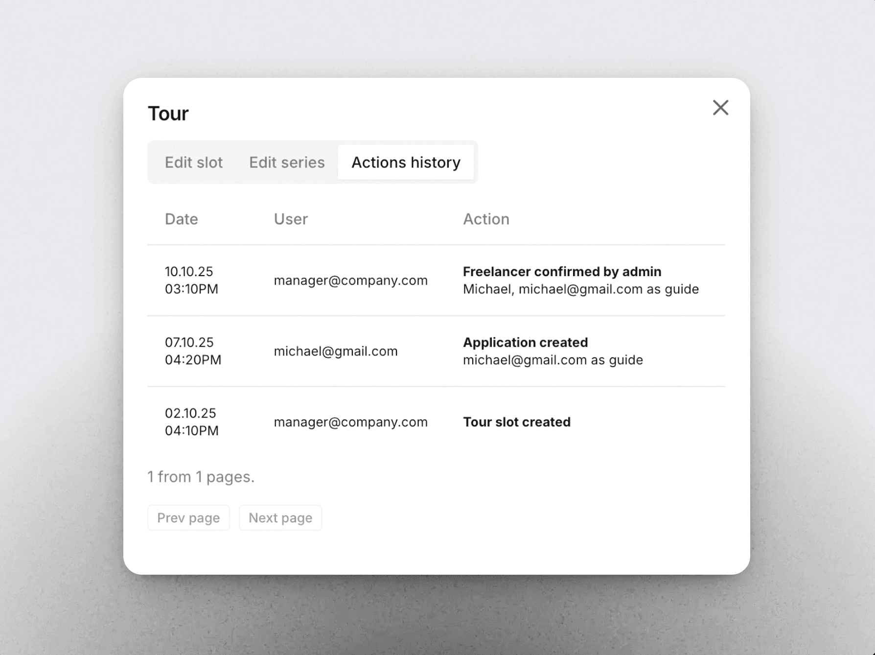 Full Audit Trail interface